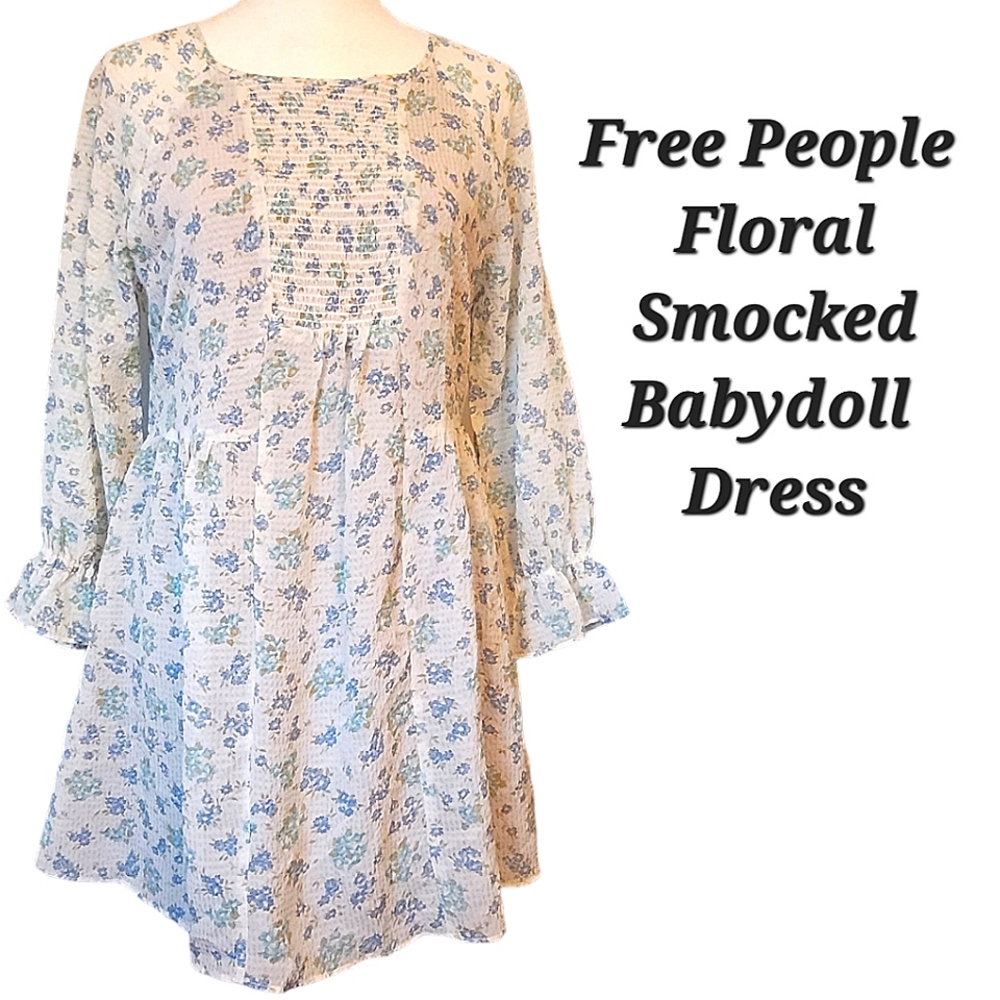 Free People Floral Smocked Babydoll Dress Cream White Blue Floral Mini Dress S